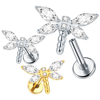 Boucles d'oreilles labret en titane ASTM F136 en forme de libellule avec zircon cubique marquise, certifiées pour enfants et mariages, directement de l'usine Getta