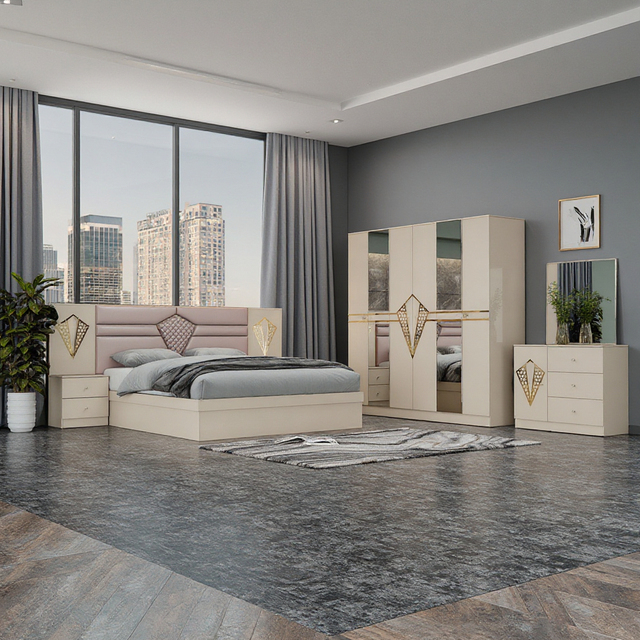 Turkish Style Luxury Wood Bedroom Sets Double Upholstered Bed Modern Mirrored Finish King/Full Size Apartment Hotel Use High