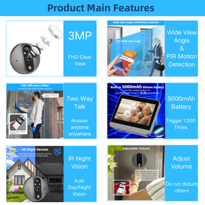 Chuông cửa kỹ thuật số <span class=keywords><strong>camera</strong></span> Tuya 3MP WiFi, pin 5000mAh, âm thanh hai chiều, tầm nhìn ban đêm hồng ngoại, phát hiện chuyển động <span class=keywords><strong>PIR</strong></span>, ghi hình video - Product Image 2