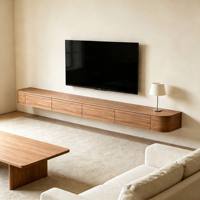 Lemari TV Panjang Kontemporer Minimalis Rak TV Gantung Dinding Penyimpanan Besar Ruang Tamu Mengambang Kayu Walnut Hitam Solid