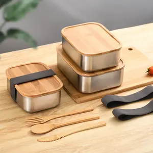 Coperchio in legno Lunch Box 304 in acciaio inox stile giapponese Bento Box coperchio in bambù contenitore per alimenti portatile Lunch Bag Picnic Sandwich