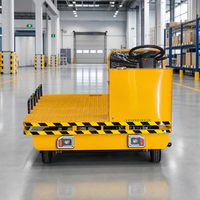 Chariot de transfert plat industriel électrique à 4 roues en fer avec freinage antidérapant et commande au volant, capacité de 2 tonnes