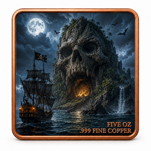 Pièce de monnaie carrée personnalisée en cuivre de 5 oz, motif Île des pirates, Grotte du trésor, Navire fantôme, Nuit de lune, Mer, impression UV en relief, OEM, vente en gros, usine - Product Image 1