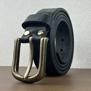 Vintage Washed Extra Thick Outdoor Full-Grain Wild Cowhide Belt with Brass <b>Pin</b> Buckle - Product Image 2