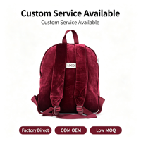 Sac à dos tendance en velours bordeaux pour filles avec fermeture éclair, style rétro preppy et porte-clés pompon cœur
