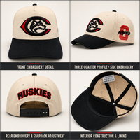 Casquette de baseball structurée unisexe à 5 panneaux, brodée, style A-Frame, bicolore crème et noir, avec lettres universitaires, motif mascotte Husky