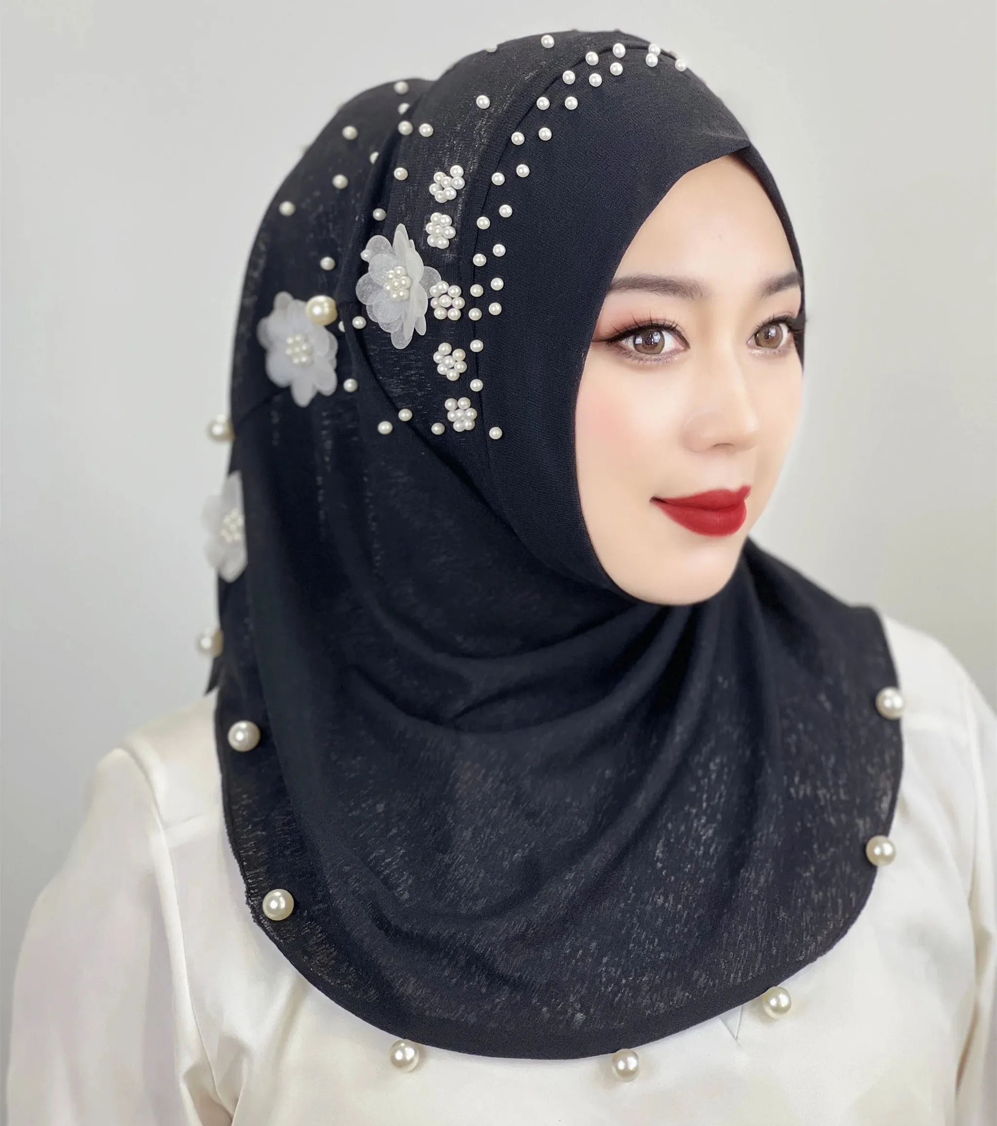 Perles fleur dentelle décoration Haute musulmane femmes nu écharpe dubaï arabe inde Hijab islamique Satin dames Bokep châle