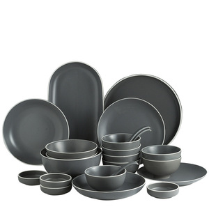 Service de table en céramique grise avec bords blancs et accents floraux-Vaisselle lavable au lave-vaisselle pour hôtel, <span class=keywords><strong>restaurant</strong></span> et fête à la maison - Product Image 1