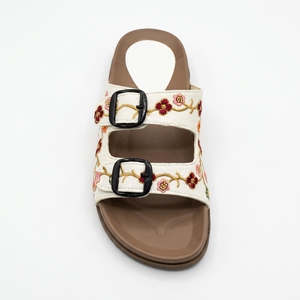 <b>Women</b> White Embroidered Flat <b>Sandals</b> Floral <b>Buckle</b> Strap Open Toe Casual Ethnic Footwear for Party Wedding and Daily Wear - Product Image 1