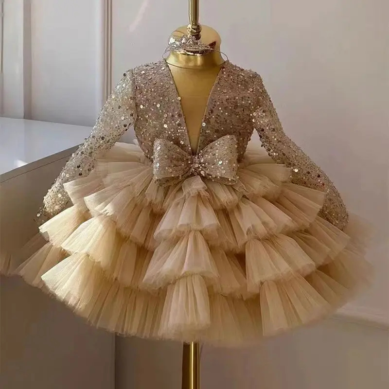 Luxo lantejoulas malha meninas princesa vintage manga longa casamento festa aniversário tutu vestido