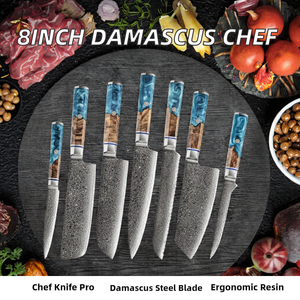 Ensemble de couteaux de chef en acier Damas faits à la main, manche en résine, étui en cuir, couteaux de survie, couteaux de cuisine, couteaux de boucher - Product Image 2