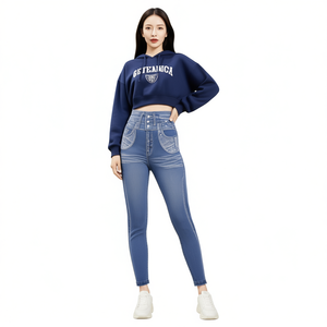 JF662R Jeans de mezclilla ajustados de cintura alta para mujer, estilo casual, lavado a la piedra, azul, tipo fit. - Product Image 1