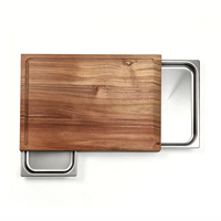 Planche à découper en bois d'acacia avec 2 plateaux en acier inoxydable, planche à découper avec rainure pour les jus, pour la préparation et le service en cuisine