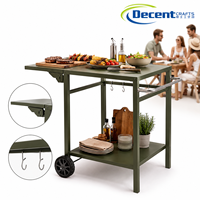 Chariot de service pour barbecue à deux niveaux avec roulettes, feuilles d'extension pliables, crochets en S et grandes roues, cadre en métal noir
