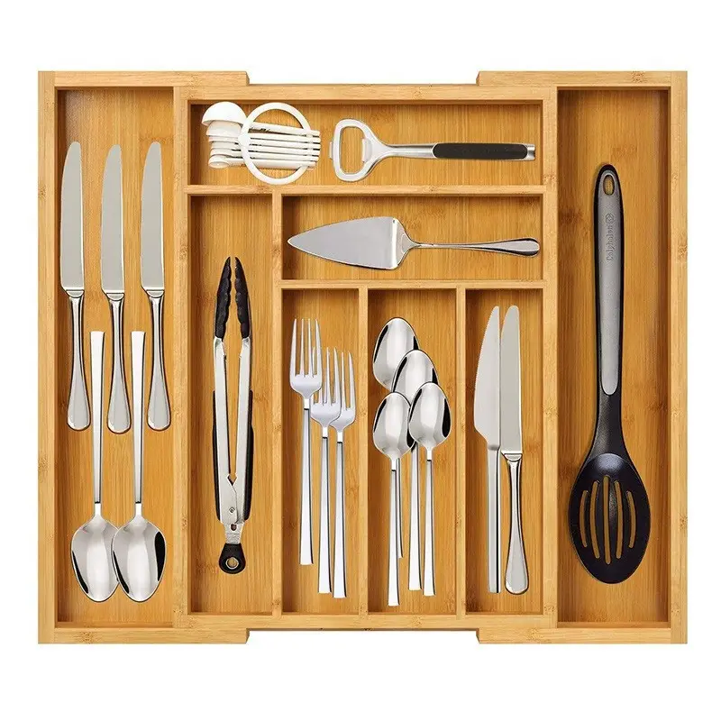 Organizador de gavetas de bambu Organizador de gavetas expansível de bambu, talheres de cozinha ajustáveis e bandeja de utensílios