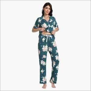 Floral Pattern Custom 100% Bamboo Short Sleeve Tops Long Bottoms Women's 2-Piece <b>Pajama</b> Set Breathable Quick Dry Lounge - Product Image 2