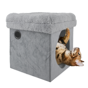 All for Paws Promotion : Château pour chat 2-en-1 pliable gris/beige en fausse fourrure d'agneau, avec boîte <span class=keywords><strong>de</strong></span> rangement intégrée, pour l'intérieur et le jeu des petits animaux - Product Image 4