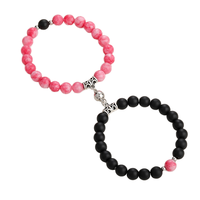 Ensemble de bracelets magnétiques pour couple, fleurs de cerisier roses, pierres d'onyx noir, cadeau assorti pour les amoureux, bijoux naturels