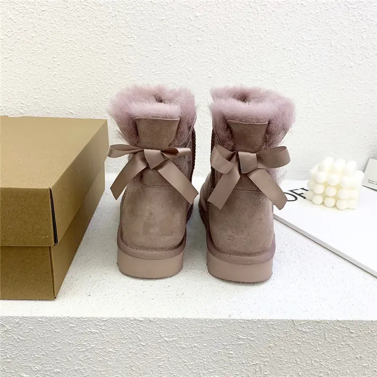 Snow boots women's wool all-in-one single ribbon single bow short hair boots winter