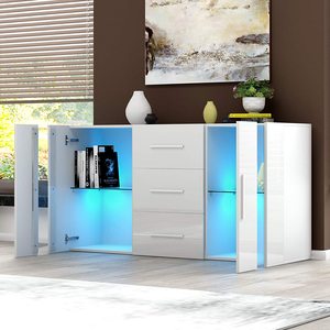 High Gloss <strong>2</strong> Door Sideboard Cupboard with LED Lights and 3 <strong>Drawers</strong> Display Cabinet <strong>Storage</strong> <strong>Unit</strong> for Living Room Bedroom - Product Image 4