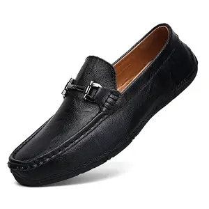 Chaussures <span class=keywords><strong>bateau</strong></span> confortables pour hommes en <span class=keywords><strong>cuir</strong></span> véritable à bout carré, décontractées avec fonction antidérapante pour le printemps, l'été, l'automne et l'hiver - Product Image 4