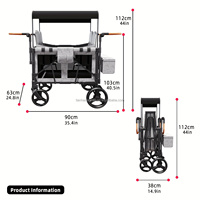 Chariot de camping pliable à quatre roues en acier marron avec auvent réglable pour 2/4 enfants, auvent amovible, double poignée réglable