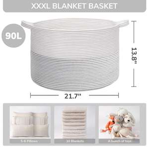 Extra <b>Large</b> Blanket <b>Basket</b> Woven Decorative Cotton Rope <b>Basket</b> with Handles for Laundry Living Room Baby Toys Nursery - Product Image 5