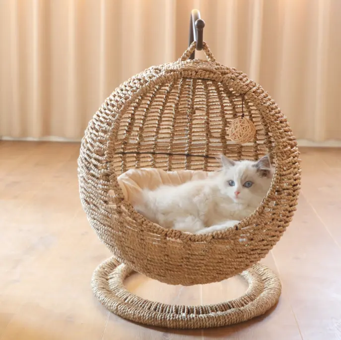 New Arrival Factory Wholesale Natural Hand-woven Round Cat Dog Pet Rattan Hanging Basket Cat Dog Hanging Nest Kennel