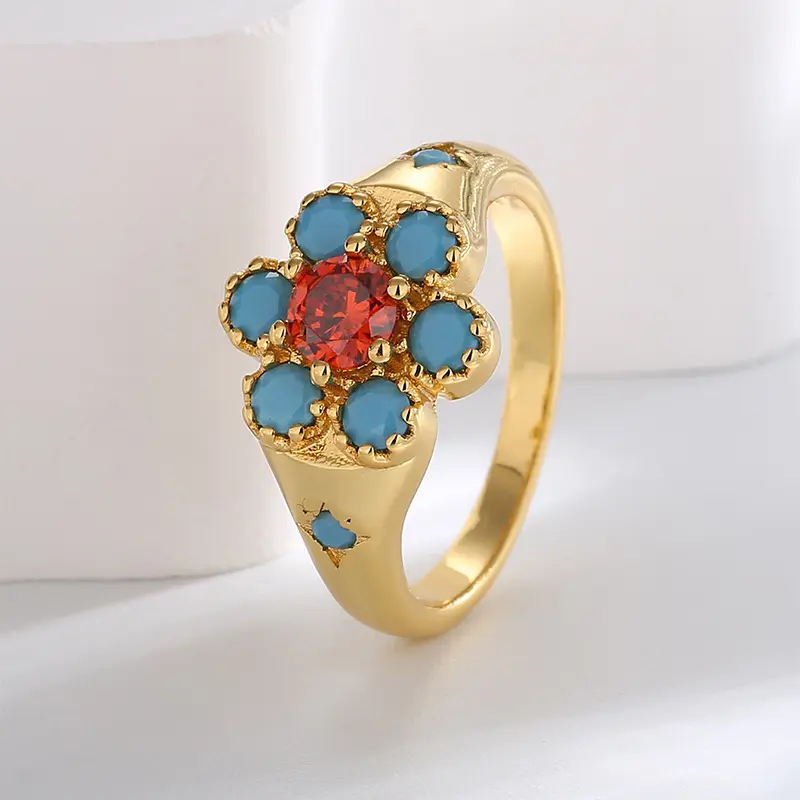 फूल अंगूठी महिलाओं के कोर्ट शैली फैशन ब्लू मरकत जिक्रोन के साथ सेट पीतल सोना मढ़वाया अंगूठी