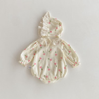 Mono de bebé 2026 de primavera/otoño con estampado floral, cuello triangular, estilo princesa tulipán, de algodón, con doble botonadura