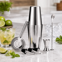 Juego de Coctelera Boston de Acero Inoxidable Pulido Espejo de 7 Piezas con Jigger, Colador, Cuchara y 3 Vertedores para Bar en Casa y Bartender