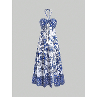 Robe ODM d'été style bohème tendance, imprimée, à col halter, mi-longue, taille haute, respirante, pour vacances à la plage, épaules dénudées