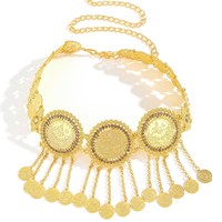 Ceinture en métal sculpté style arabe, couleur or, avec strass carrés et franges en forme de goutte, pour robe de soirée femme