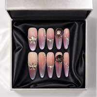Ongles à presser en acrylique de luxe faits main Baolun, avec colle, motif œil de chat magnétique dégradé violet mystique, grandes pierres précieuses et breloques étoiles argentées