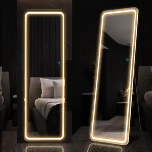 Tela de toque inteligente com iluminação regulável de 3 cores, salão de beleza de tamanho grande, espelho de chão com luz LED, ideal para vestir até o corpo inteiro