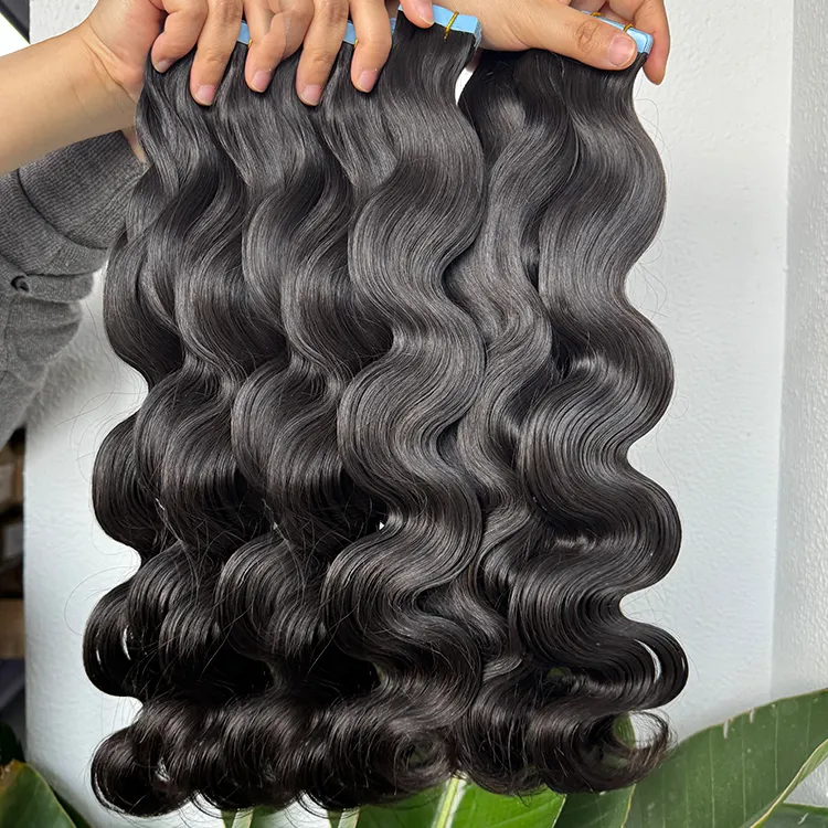 Raw cambodian Tape in 100% virgin human hair invisible tape ins curly extensions vietnamese virgin human hair tape ins