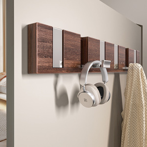 Wooden Grain Wall Mounted <b>Hooks</b> 6 <b>Hooks</b> Easy Install <b>Adhesive</b> Storage Rack For Clothes Hat Key Bag Bedroom Door Use - Product Image 1