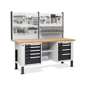 Banco de trabajo ajustable Fami Master BR 200cm con tapa de madera, 2 cajones y pared perforada - Product Image 1