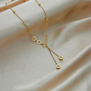 European American Fashion Minimalist <b>Long</b> Tassel Diamond Circle Pendant Titanium Steel <b>Necklace</b> Women's Everyday Wear Gold - Product Image 2