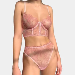 Lingerie For Women Pink Lace Bra Set Transparent Fancy Underwear 2 Piece Set  Sexy Lingerie Outfit