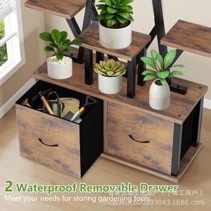 Iron Wood Multi Layer Storage <b>Shelf</b> Floor Standing Plant <b>Rack</b> With Drawer For Home Decorative Display - Product Image 4