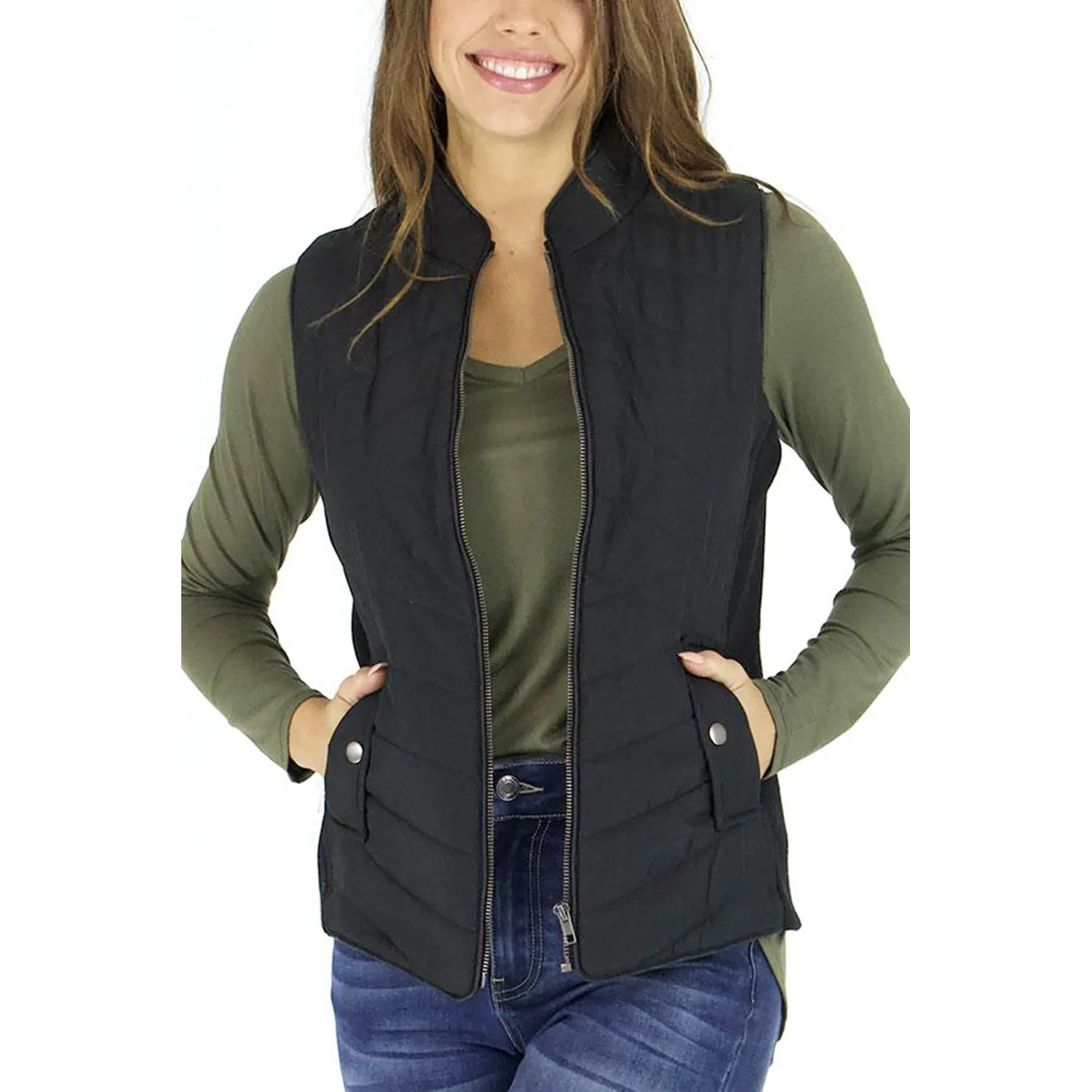 Chaqueta negra personalizada sin mangas con cuello levantado para mujer, chaleco de utilidad para Otoño e Invierno