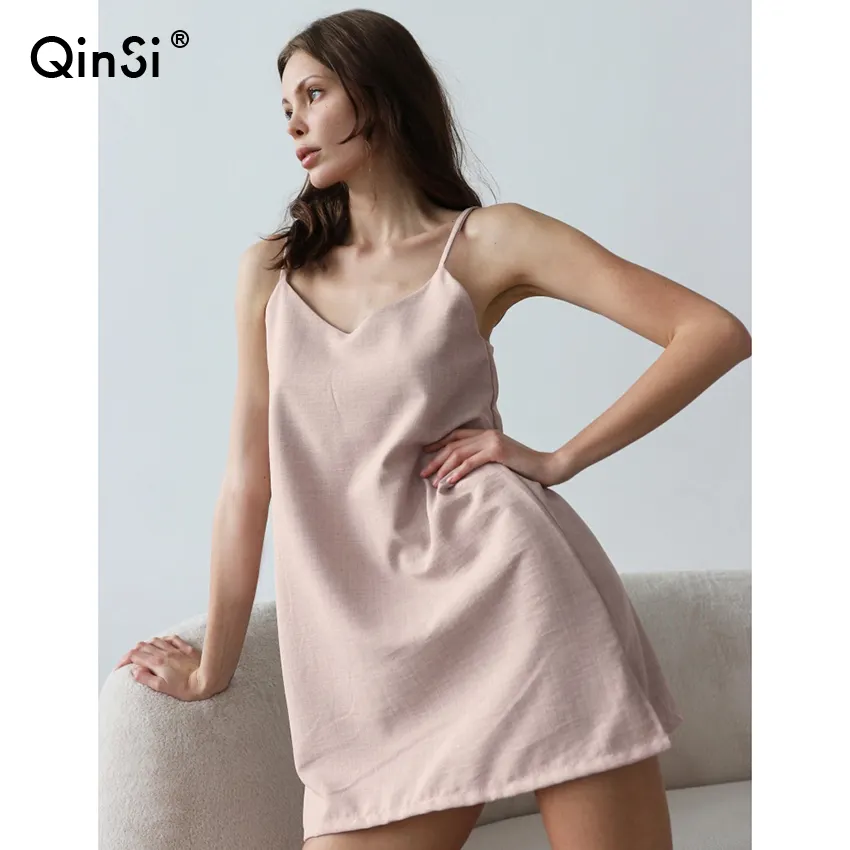 QINSI Sexy Women Nightwear 2023 nuova donna Backless abiti da donna blu Mini abito Spaghetti Strap camicie da notte in cotone kaki