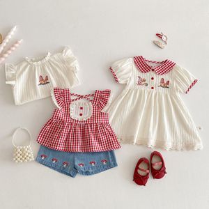 Vestito a scacchi per bambini 2025 nuovo vestito estivo da bambina in versione coreana abito estivo da ragazza con colletto ricamato piccolo coniglio - Product Image 1
