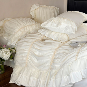 French Princess Style Cotton <b>Bedding</b> <b>Set</b> 4 Pcs Bubble Pleated Edge Duvet Cover Home Use Solid Color Breathable - Product Image 1