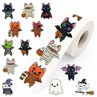 Pegatinas de Halloween al por mayor: rollo de pegatinas holográficas con patrones de murciélagos, calabazas, brujas y gatos, ideales para decoración de fiestas.