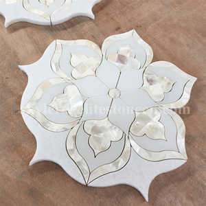 <span class=keywords><strong>Piastrelle</strong></span> a Mosaico con Motivo Floreale in Marmo Bianco e Madreperla, Taglio a Getto d'Acqua - Product Image 5