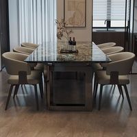 Juego de Comedor Rectangular Grande de Mármol Negro con Vetas Doradas y Estructura de Metal Negro