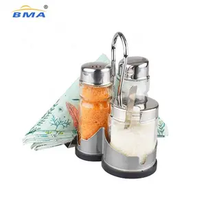 Stainless Steel Salt and Pepper and Curry Holder with Napkin Holder Dispenser Set of 3 Bottles