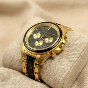 Reloj Cronógrafo de Piedra Oscura con Caja de Acero Chapada en Oro, Esfera de Piedra Natural Oscura, Bisel con Indicador de Minutos, Diseño 2025, Reloj de Pulsera de Cuarzo para Hombre - Product Image 2